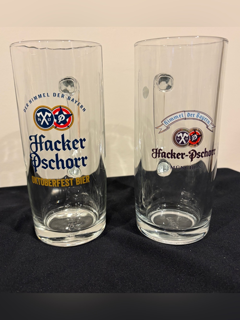 Set of 2 - Glass SAHM Beer Mug Hacker-Pschorr Munchen Stein 0.5L - 7-1/4" Tall